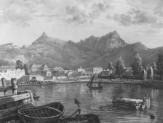 Port Louis, Mauritius, vanaf de oostkant van de haven, ca. 1830 (lithografie)