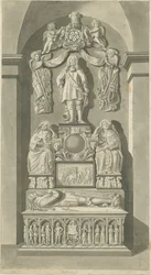 Interieur van Patshull Church - Astley graven: sepia tekening, nd [eind 18e eeuw] (prent)