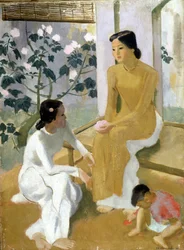 Vrouwen en kinderen. Olieverfschilderij door To Ngoc Van