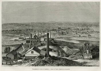 Algemeen overzicht van de mijnen van Sandhurst, gravure naar een tekening van Taylor, illustratie van het verhaal zes maanden in Australië, door Desire Charnay, missieopdracht door het Ministerie van Openbaar Onderwijs, in 1878, gepubliceerd in Le tour du 