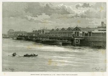 Guinness-brouwerij, exportdok. Gravure door Taylor, ter illustratie van het verhaal Trois mois en Irlande, in 1889, door Marie Anne de Bovet, in le tour du monde 1890, geregisseerd door Edouard Charton (1807-1890), Hachette, Parijs.