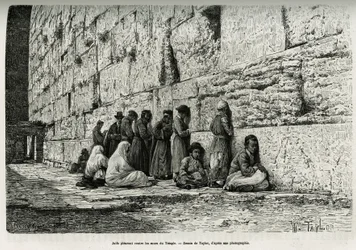 Joden huilen tegen de muren van de tempel (klaagmuur). Gravure door Taylor, ter illustratie van La Syria d