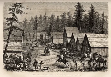Het station van Cisco, graaf van Placer (Nevada), waar men de sneltrein van de Pacific Railway (Pacific Railway) kan nemen, gegraveerd naar de tekening van Taylor, ter illustratie van de reis van Washington naar San Francisco in 1868, door L. Simonin, gepu
