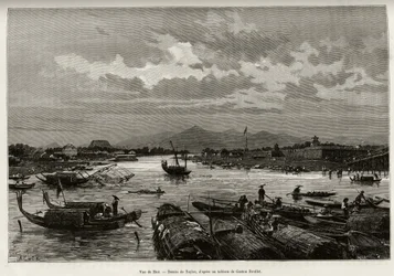 Uitzicht op Hue (Vietnam), met beschrijving van de navigatie op de Song Huong-rivier en de Thien Mu-pagode, achter de ommuring. Gravure door Taylor, ter illustratie van het verhaal 