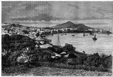 Uitzicht op de baai van Macau. Gravure naar een tekening van Taylor, in 