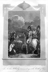 De hertog van Wellington die het bevel voert in de Slag bij Assaye, 1816