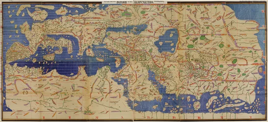 Een kopie uit 1929 met namen getranslitereerd in Latijns schrift van de Arabische Tabula Rogeriana uit 1154, ondersteboven met het noorden naar boven gericht