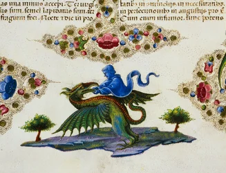 Randfries aan de voet van de pagina met figuur van genie en gevleugeld monster, Volume II f 198, v, Bijbel van Borso d