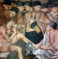 Zorg voor de zieken in een ziekenhuis, verpleegsters wassen de voeten van een pelgrim (detail)