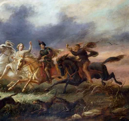 "Drie ruiters op galopperende paarden, een van hen speelt op de hoorn. Schilderij van Tadeusz Brodowski (1821-1848) 1848 Privécollectie