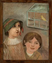 Twee meisjes onder een kooi met een kanarie