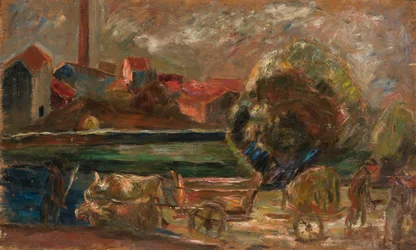 Landschap met fabrieksschoorsteen