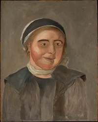 Studie van een vrouw met een zwart-witte muts