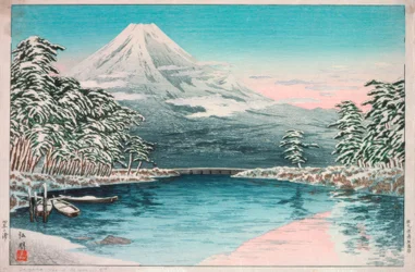 Mt. Fuji gezien vanaf Tagonoura, sneeuwlandschap