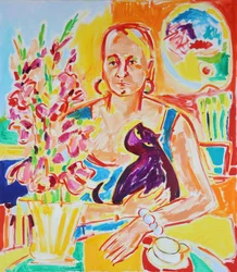 Zelfportret met een paarse kat naar Max Beckmann, olieverf op doek, 2024