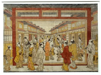 Perspectiefzicht op Nakano-Cho. Japanse prent door Masanobu Tanaka, actief tussen 1741 en 1748, Ukiyo-E stijl. Parijs, Musée Guimet