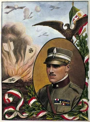 Allegorie over majoor Francesco Baracca (1888-1918) held van de Italiaanse luchtmacht die in 1918 in de strijd stierf. Tekening door Tancredi Scarpelli. Milanese.