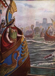 Oudheid, Romeinse Burgeroorlog: Egyptische koningin Cleopatra VII Thea Philopator (69-30 v.Chr.) bij de Slag bij Actium in de Ambracische Golf op 2 september 31 v.Chr. tegen de vloot van Octavianus