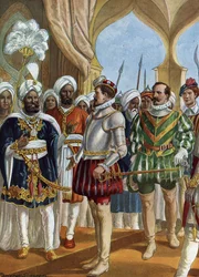 Portugese navigator Pedro Alvares Cabral bij het hof van de koning (Zamorin) van Calicut op 13/09/1500 om te onderhandelen over de oprichting van een handelspost, India
