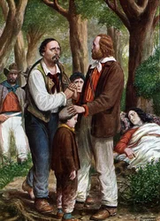 Risorgimento: Giuseppe Garibaldi Italiaanse patriot (1807-1882) neemt afscheid van Angelo Brunetti genaamd Ciceruacchio bij de dood van Anita, augustus 1849 (Illustratie)