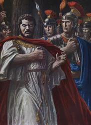 Romeinse oudheid: de dood van de Romeinse keizer Caracalla, vermoord nabij Harran op 8 april 217, met een zwaard, door Martialis, een van de officieren van zijn lijfwacht