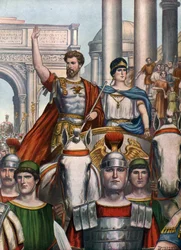 Romeinse oudheid: Keizer Septimius Severus (145-211) keert terug naar Rome met zijn vrouw Julia Domna (170-217) in 193 AD