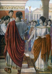 Romeinse oudheid: Hortensia, woordvoerster van de Romeinse matrones die door een bijzondere belasting zijn getroffen, verdedigt hun zaak tegenover de triumvirs in 42 v.Chr. Illustratie door Tancre