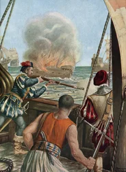 Tweede expeditie naar India (1502-1503): Zeeslag tussen de Portugese vloot van Vasco da Gama en die van Calicut, de Portugezen beschieten het moslimschip Miri vol pelgrims die terugkeren van Mekka, 3/10/1502