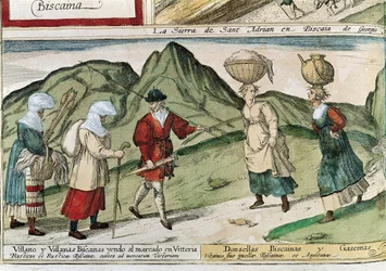 Baskische boeren. Gravure door Franz HOGENBERG