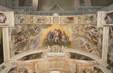 Christus in Glorie met Sint Gaudentius en in de boog Zacharia, Mozes en Koning David