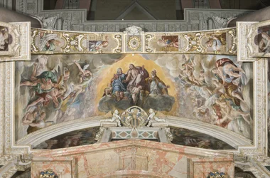 Christus in glorie met Sint Gaudentius en in de boog Zacharias, Mozes en koning David