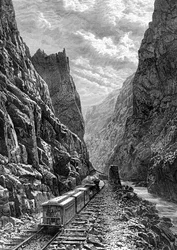 Een trein die door de Rocky Mountains rijdt, VS, 19e eeuw
