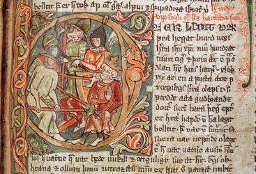 Een geïllustreerd manuscript bevat het beeld van de Noorse koning Olaf
