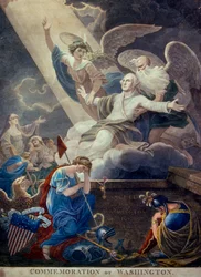 Ingekleurde gravure van de glorie voor George Washington ten hemel geheven door Time and Immortality, gegraveerd in Philadelphia, ca. 1799 (gravure) (foto)