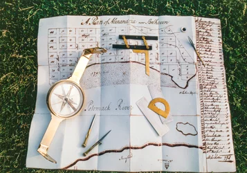 Meetinstrumenten en kaart getekend door George Washington