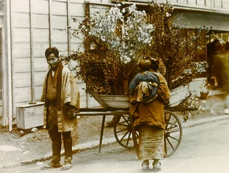 Rondtrekkende bloemenverkoper in de straten van Tokio, circa 1900 - 1915 (foto)