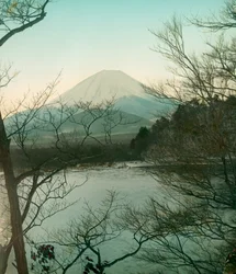 Uitzicht op de berg Fuji vanaf het Shoji-meer, circa 1900 - 1915 (foto)