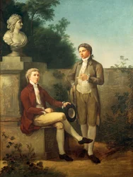 Portret van twee jonge mannen in tuin