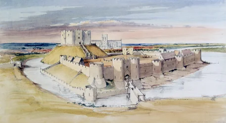 Illustratie van York Castle, North Yorkshire, zoals het zou kunnen zijn geweest in de late 13e eeuw, 1985