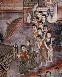 Detail van een muurschildering bij Wat Phra Singh