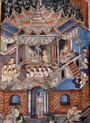 Detail van de muurschilderingen van Viharn laikam die de Sang Thong-verhalen uitbeelden (muurschildering)