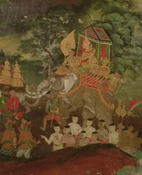 Koning Sanjaya op een olifant, Wat Suwannaram, Dhonburi, 1831