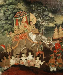 Koning Vessantara op een witte olifant ontmoet de Brahmanen, scène uit Vessantara Jataka, begin 19e eeuw