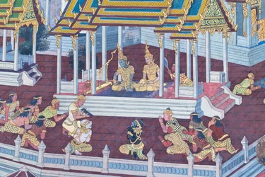 Muurschildering met scènes uit de Ramayana in Wat Phra Kaeo, het Koninklijk Paleis, Bangkok, Thailand