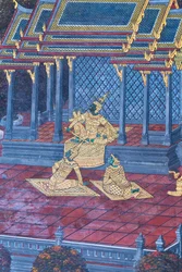 Muurschildering met scènes uit de Ramayana in Wat Phra Kaeo, het Koninklijk Paleis, Bangkok, Thailand