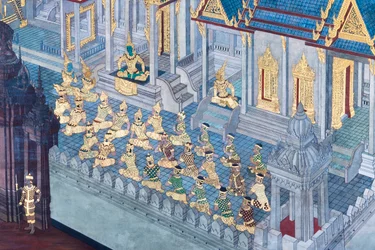 Muurschildering met scènes uit de Ramayana in Wat Phra Kaeo, het Koninklijk Paleis, Bangkok, Thailand