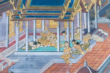 Muurschildering met scènes uit de Ramayana in Wat Phra Kaeo, het Koninklijk Paleis, Bangkok, Thailand