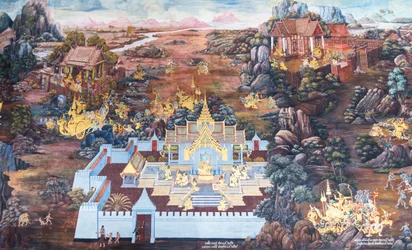 Muurschildering met scènes uit de Ramayana in Wat Phra Kaeo, het Koninklijk Paleis, Bangkok, Thailand