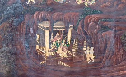 Muurschildering met scènes uit de Ramayana in Wat Phra Kaeo, het Koninklijk Paleis, Bangkok, Thailand