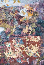 Muurschildering met scènes uit de Ramayana in Wat Phra Kaeo, het Koninklijk Paleis, Bangkok, Thailand
